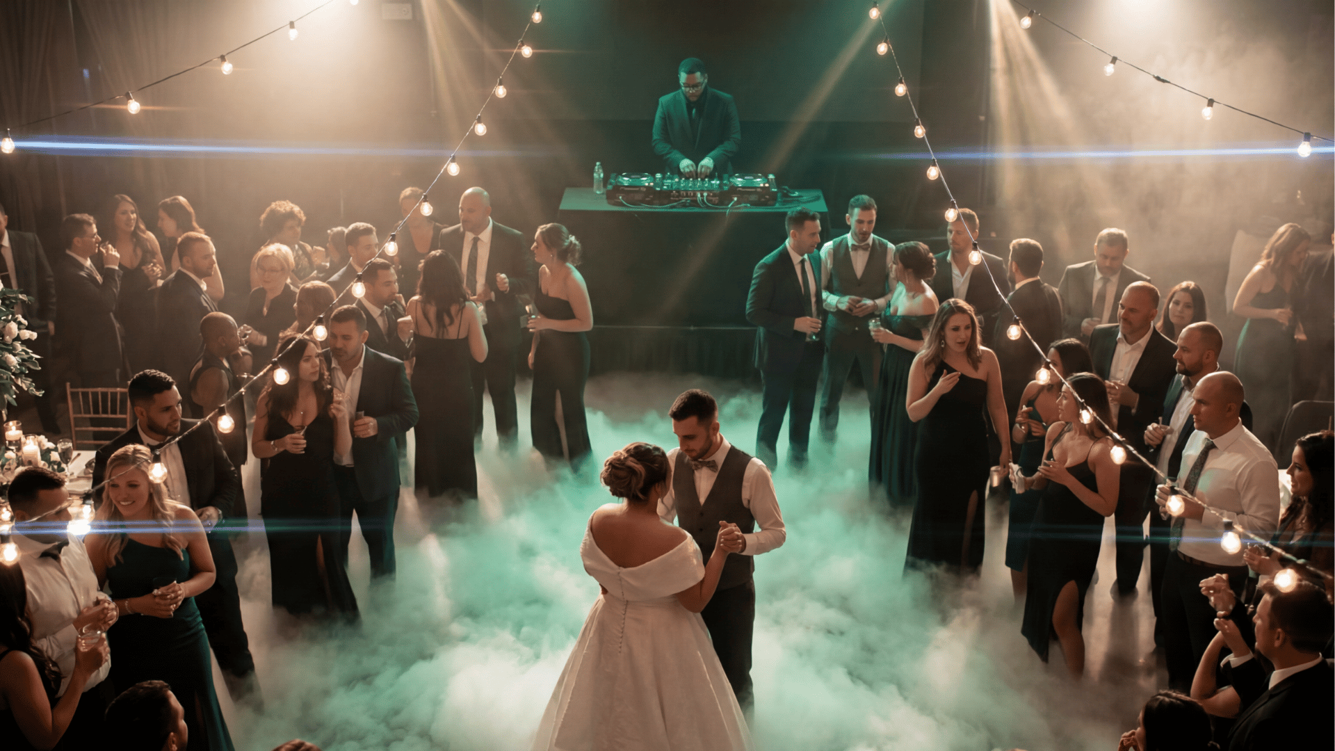 Bride and groom dancing surrounded by guests in formal attire under string lights and fog.