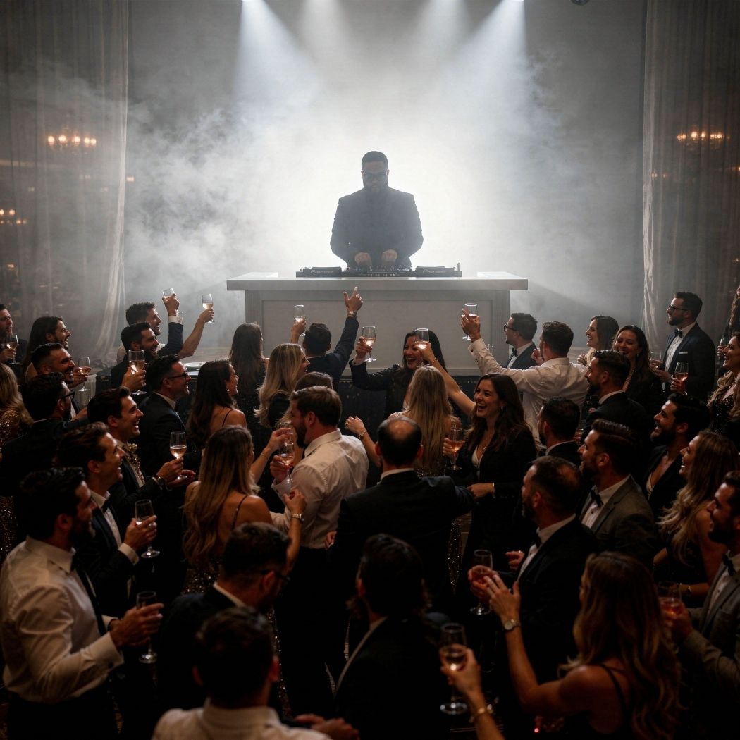 Crowd raising glasses and cheering in front of a DJ playing music on a foggy, spotlighted stage.
