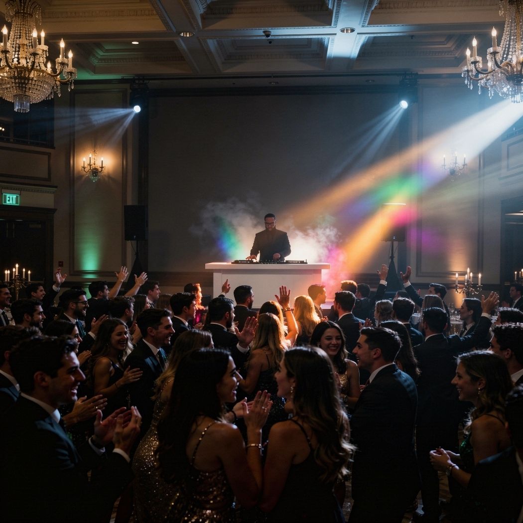 Crowd of people in formal wear dancing and clapping at a party with a DJ on stage and colorful lights.