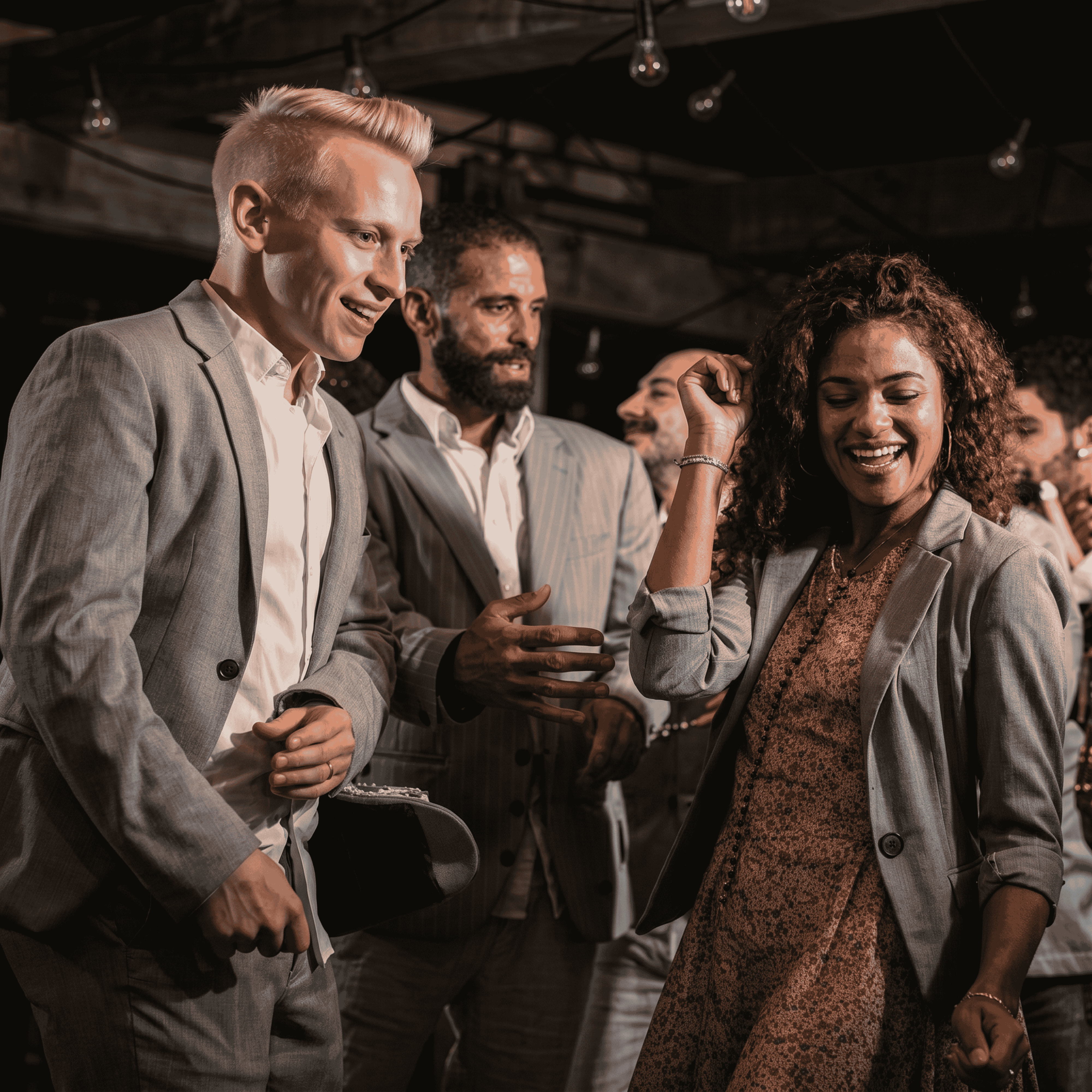 Group of people in suits dancing and smiling at a party under hanging light bulbs.
