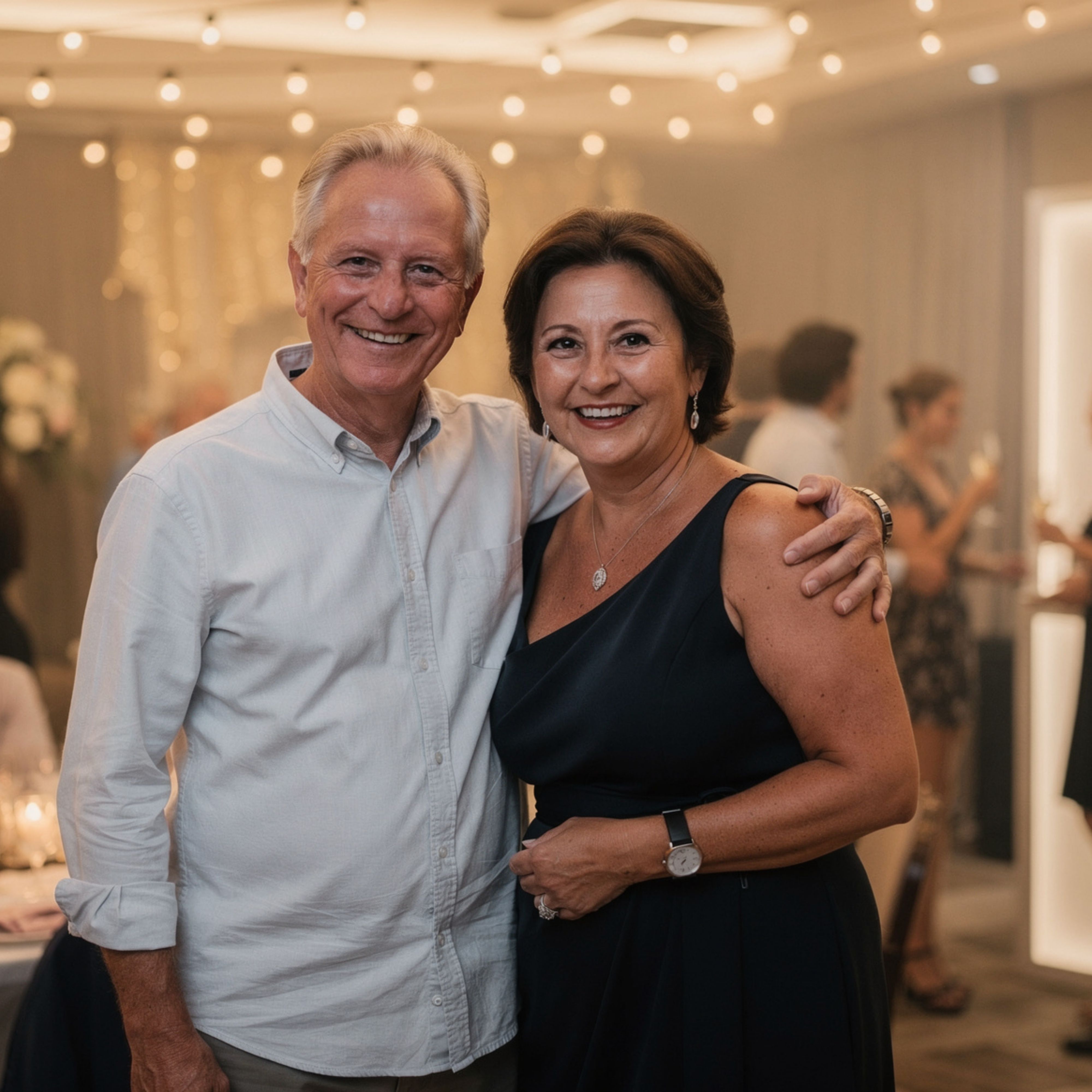 Smiling older man in white shirt with arm around smiling woman in black dress at a party.