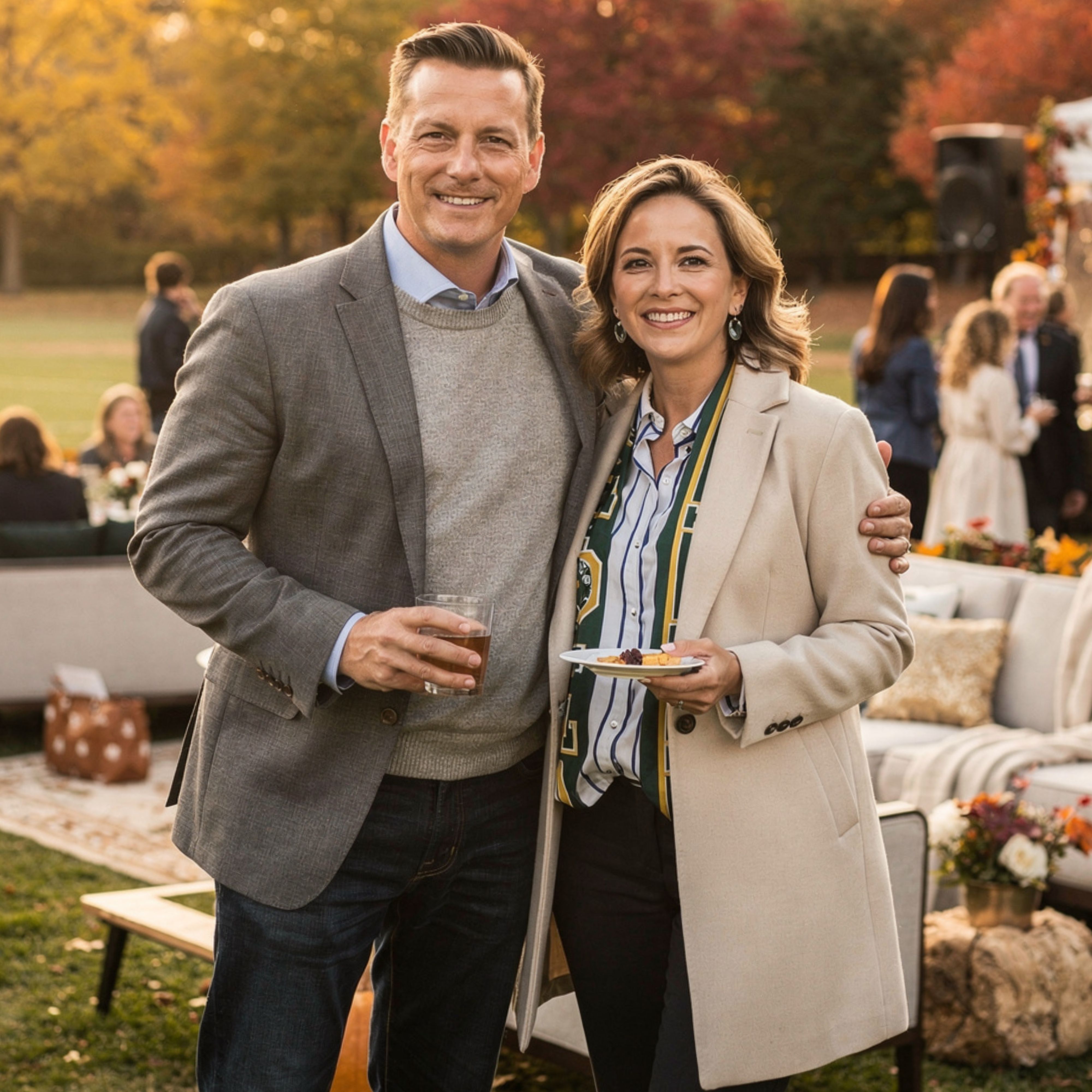 Smiling man in gray blazer and woman in beige coat pose outdoors at a fall gathering with drinks and snacks.