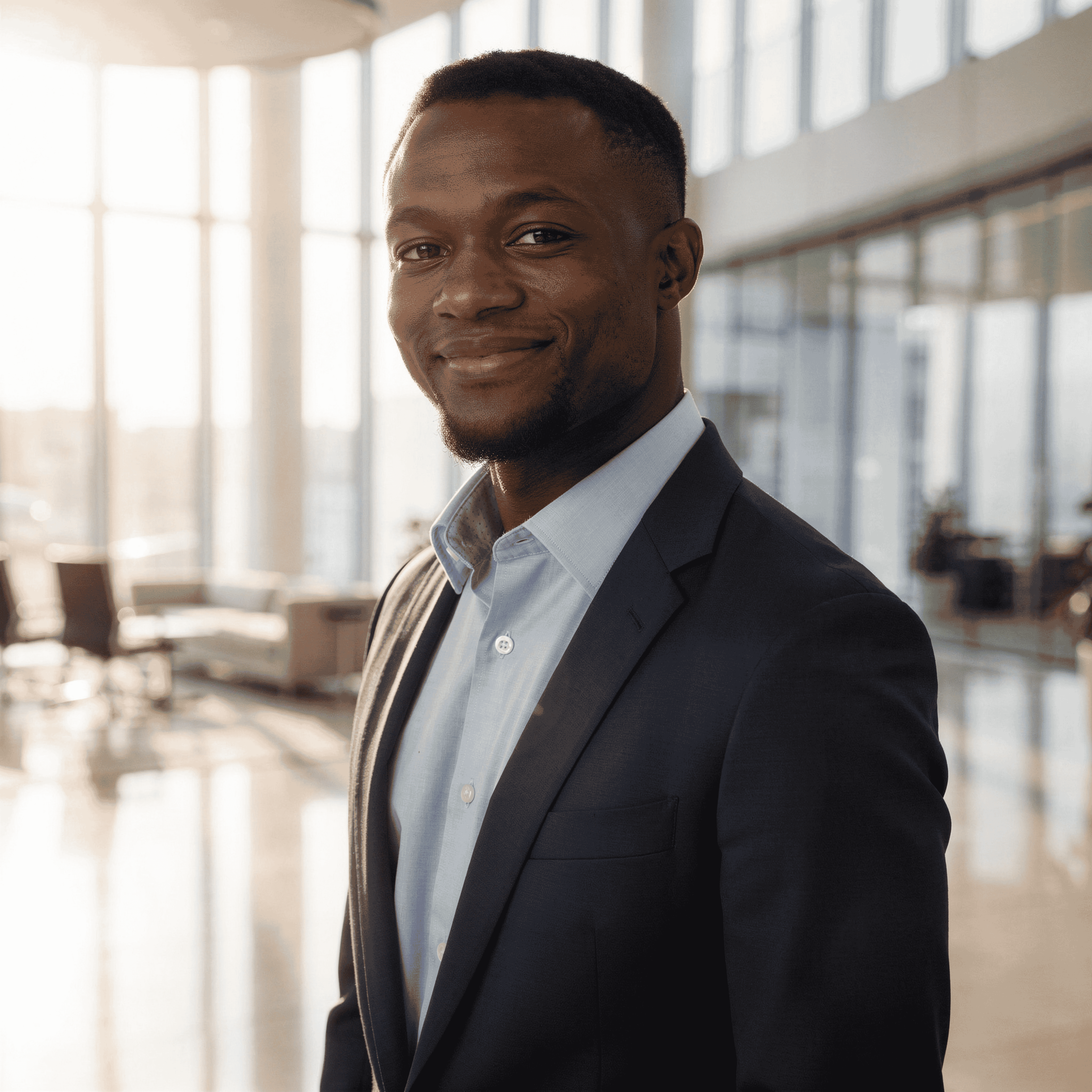 Confident man in suit smiling inside a bright modern office with large windows and furniture.