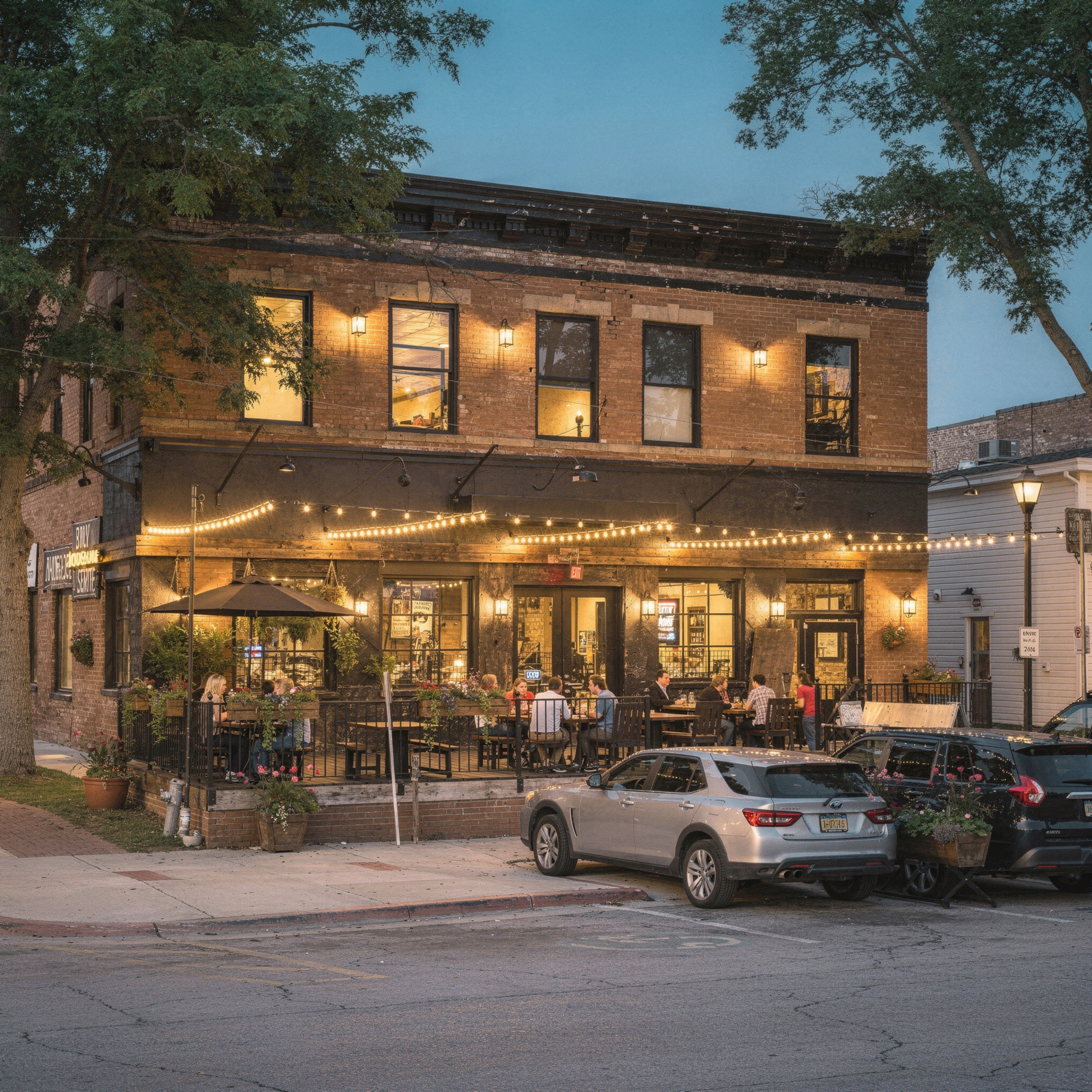 People dining on the patio of a two-story brick restaurant decorated with string lights at dusk.