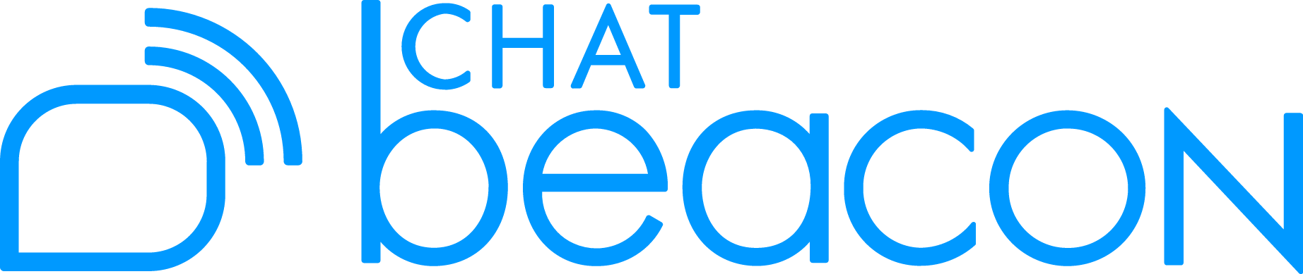 Chat beacon logo with a stylized chat bubble and wireless signal waves in blue.