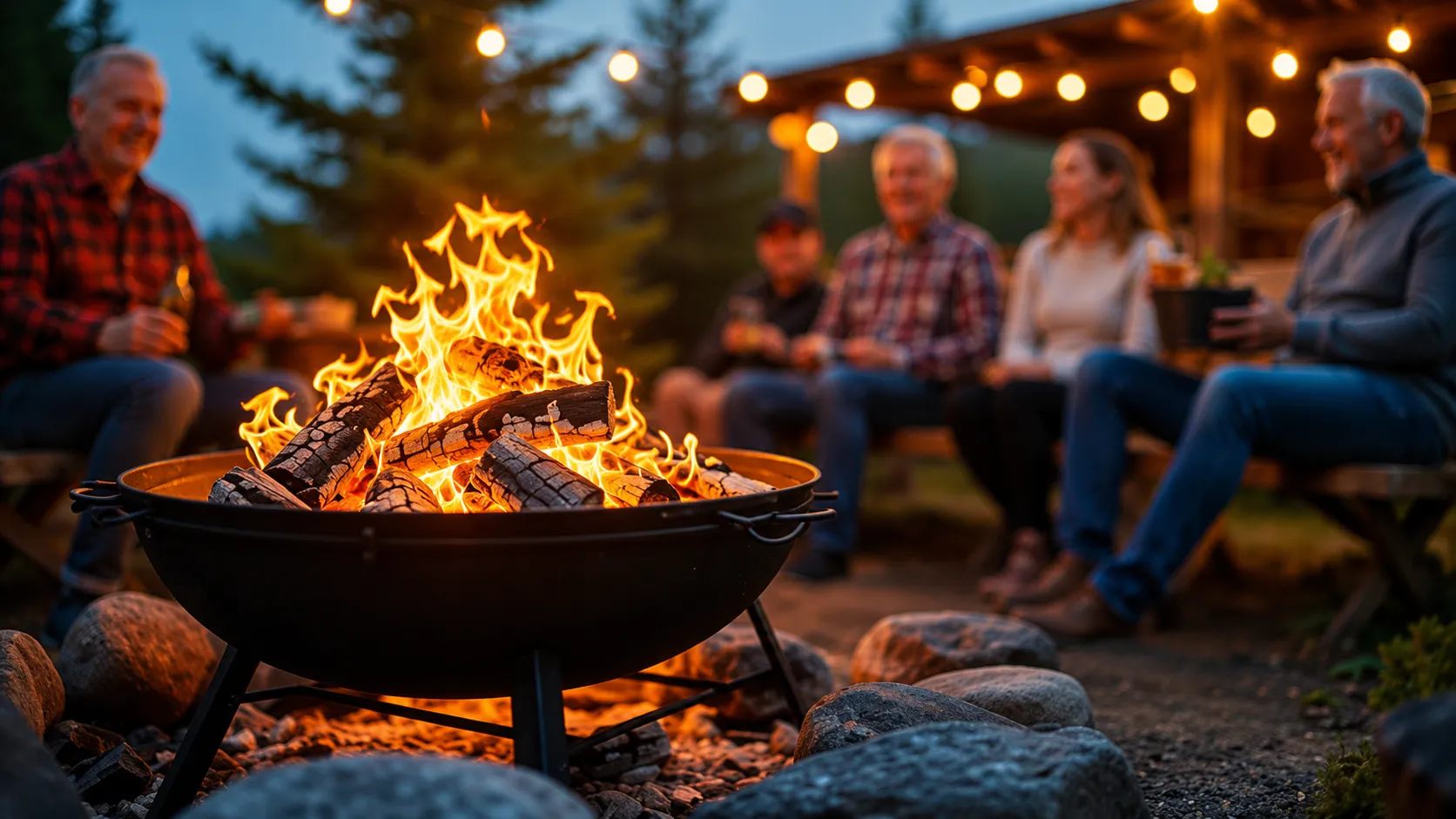 Friends gathered around a fire pit at an RV park at dusk under string lights
