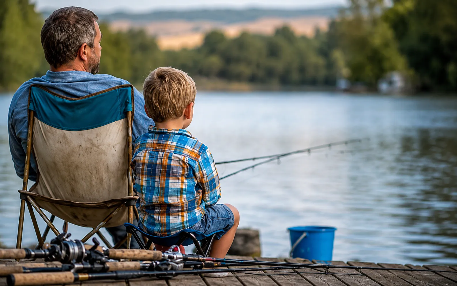 A father and young son fishing together from a dock on a calm lake