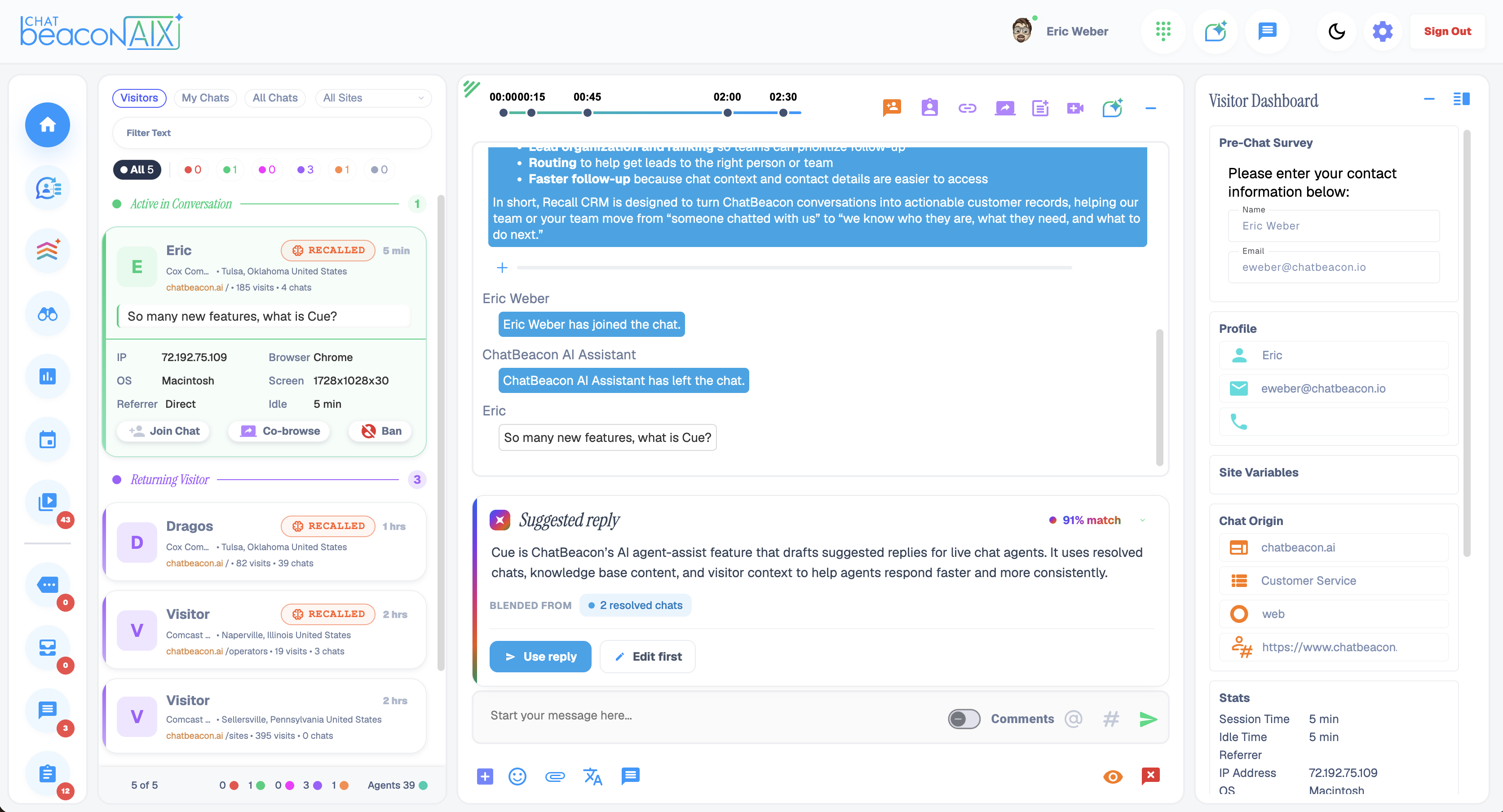 ChatBeacon AIX Operator Console with visitor list, session replay and conversation pane