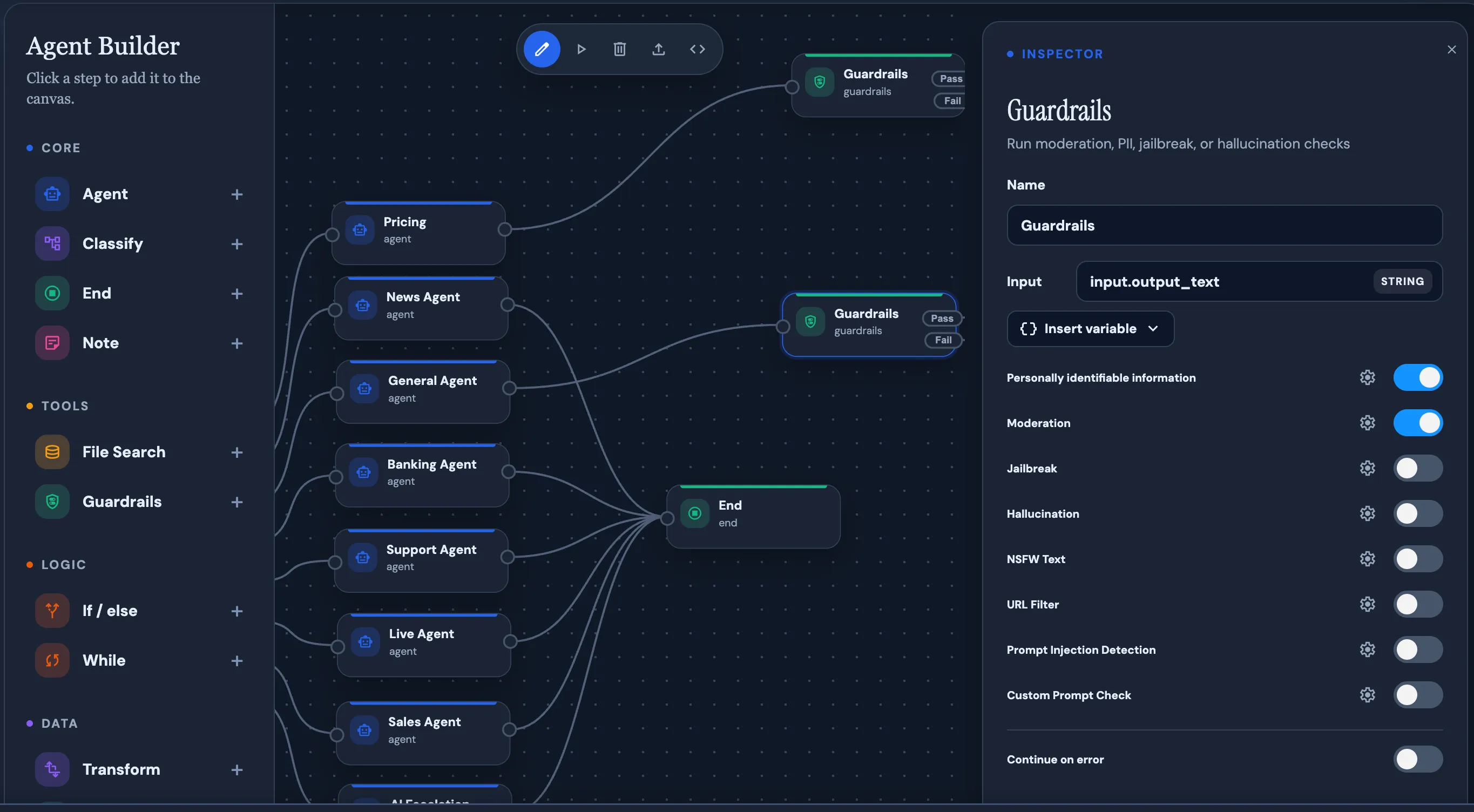 ChatBeacon Agent Builder — a visual drag-and-drop agent workflow with agents, guardrails, and an inspector panel