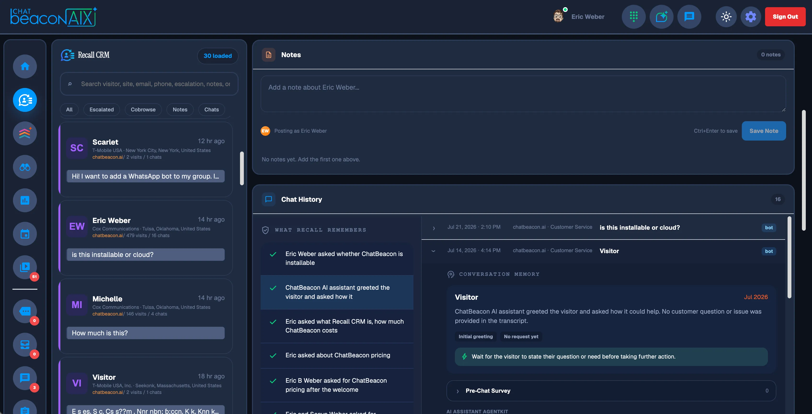 Recall CRM in the ChatBeacon Operator Console — a visitor record with notes, chat history, and Recall conversation memory