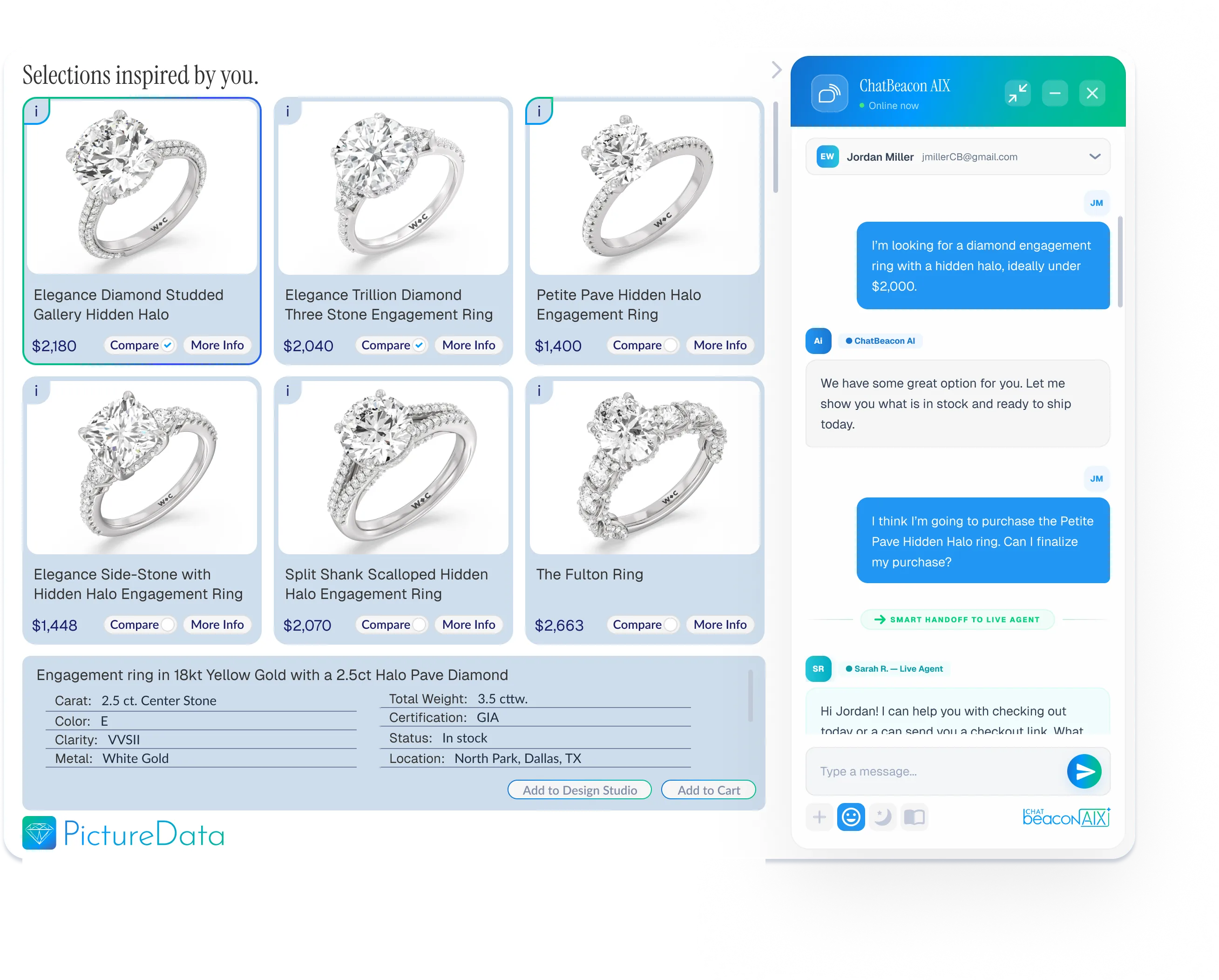 PictureData in the ChatBeacon AIX chat — a shopper describes a diamond engagement ring and PictureData shows curated matching products from live inventory with images, prices, specs, and add-to-cart.