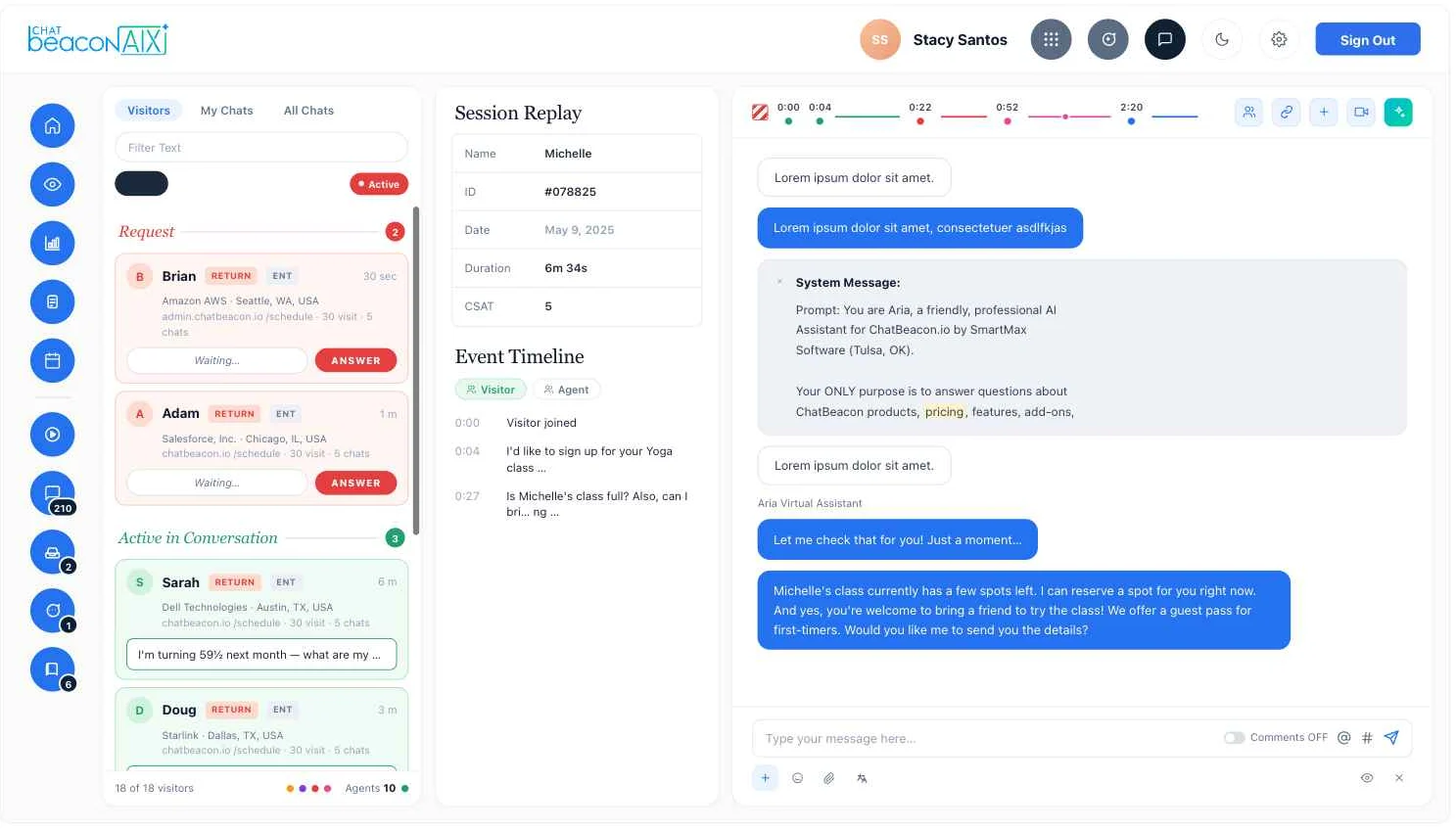 ChatBeacon AIX Operator Console with visitor list, session replay and conversation pane