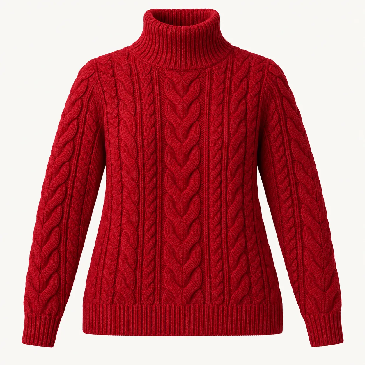 Red cable-knit turtleneck sweater