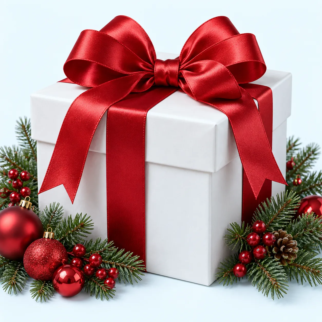 White gift with red satin ribbon and holiday greenery