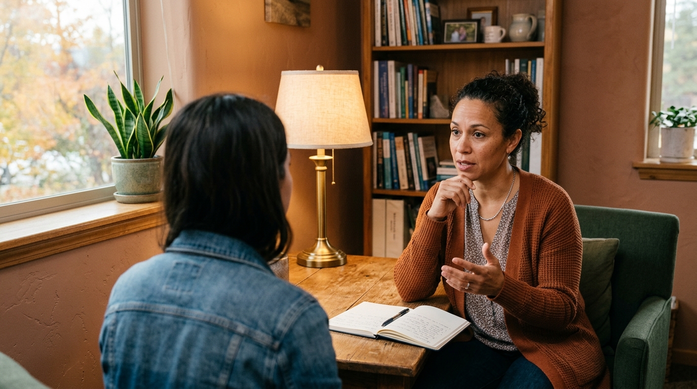 A therapist in a warm counseling office listens and talks with a client, bookshelves and soft lamplight behind her
