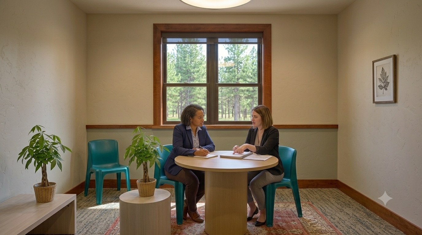 Two clinicians meet at a small table in a bright, calm room at the Residential Center, reviewing notes together