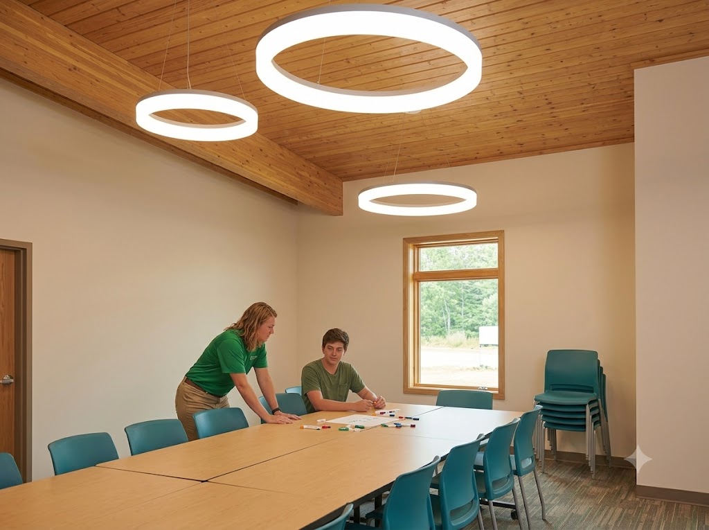 A Youth Care Provider works alongside a teen at a table in a bright activity room with wood ceilings and natural light