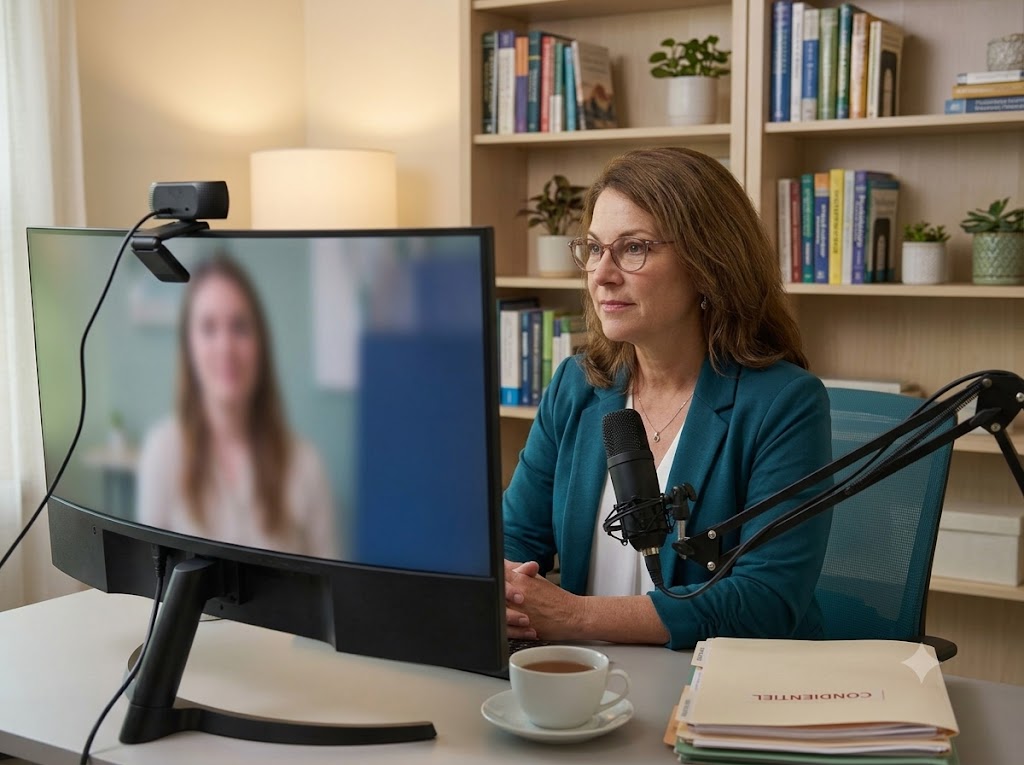 A therapist provides virtual therapy from her office, meeting with a client over a secure video session
