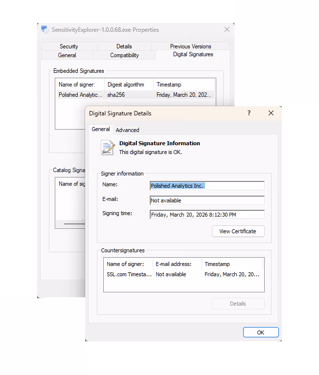 The properties window for the installer with the digital certificate information displayed.