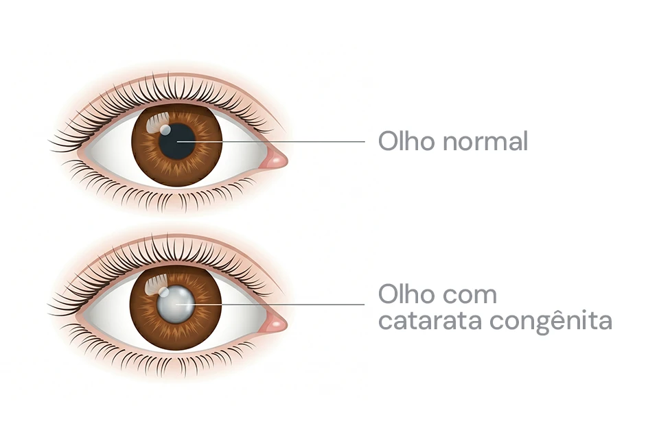 Infográfico comparativo mostrando um olho com cristalino opaco (catarata) e um olho com lente intraocular implantada recuperando a visão