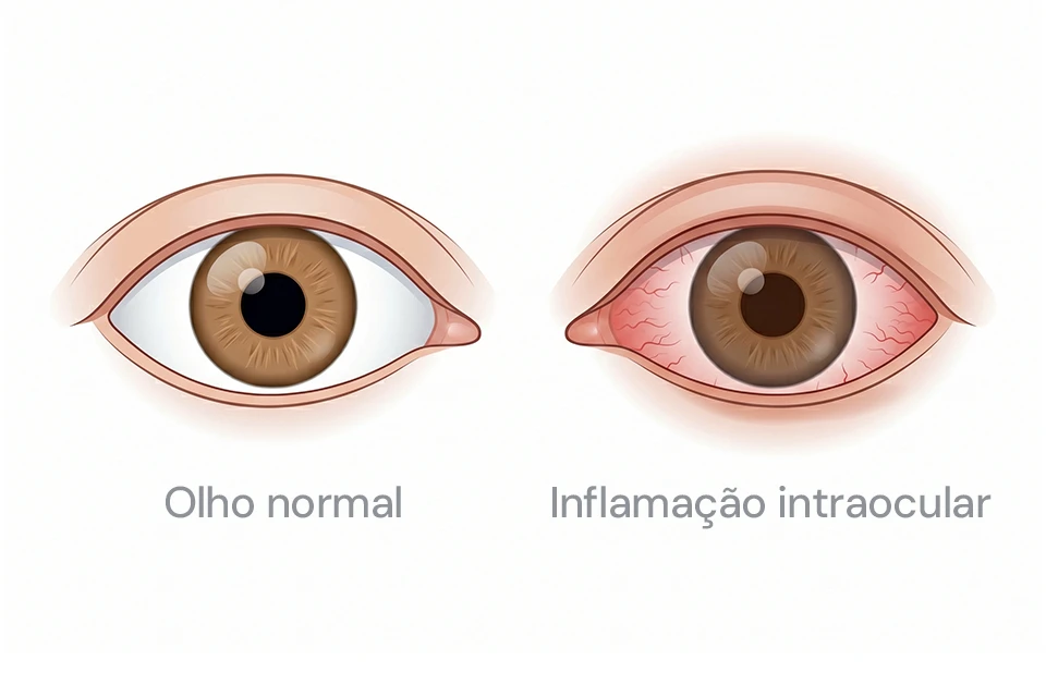 Infográfico comparativo mostrando um olho com cristalino opaco (catarata) e um olho com lente intraocular implantada recuperando a visão