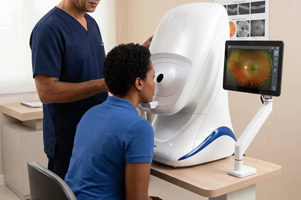 Infográfico comparativo mostrando um olho com cristalino opaco (catarata) e um olho com lente intraocular implantada recuperando a visão