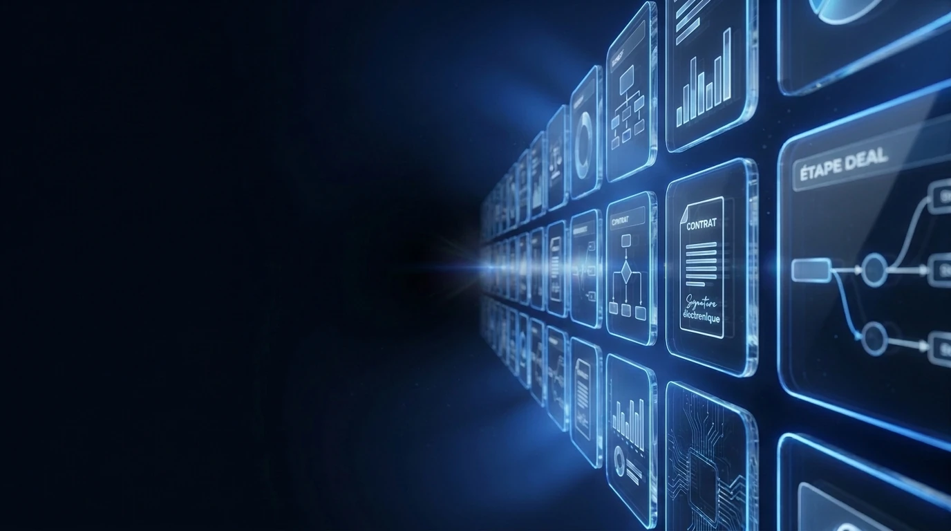 Mur numérique bleu avec des icônes lumineuses représentant des contrats, graphiques et processus.