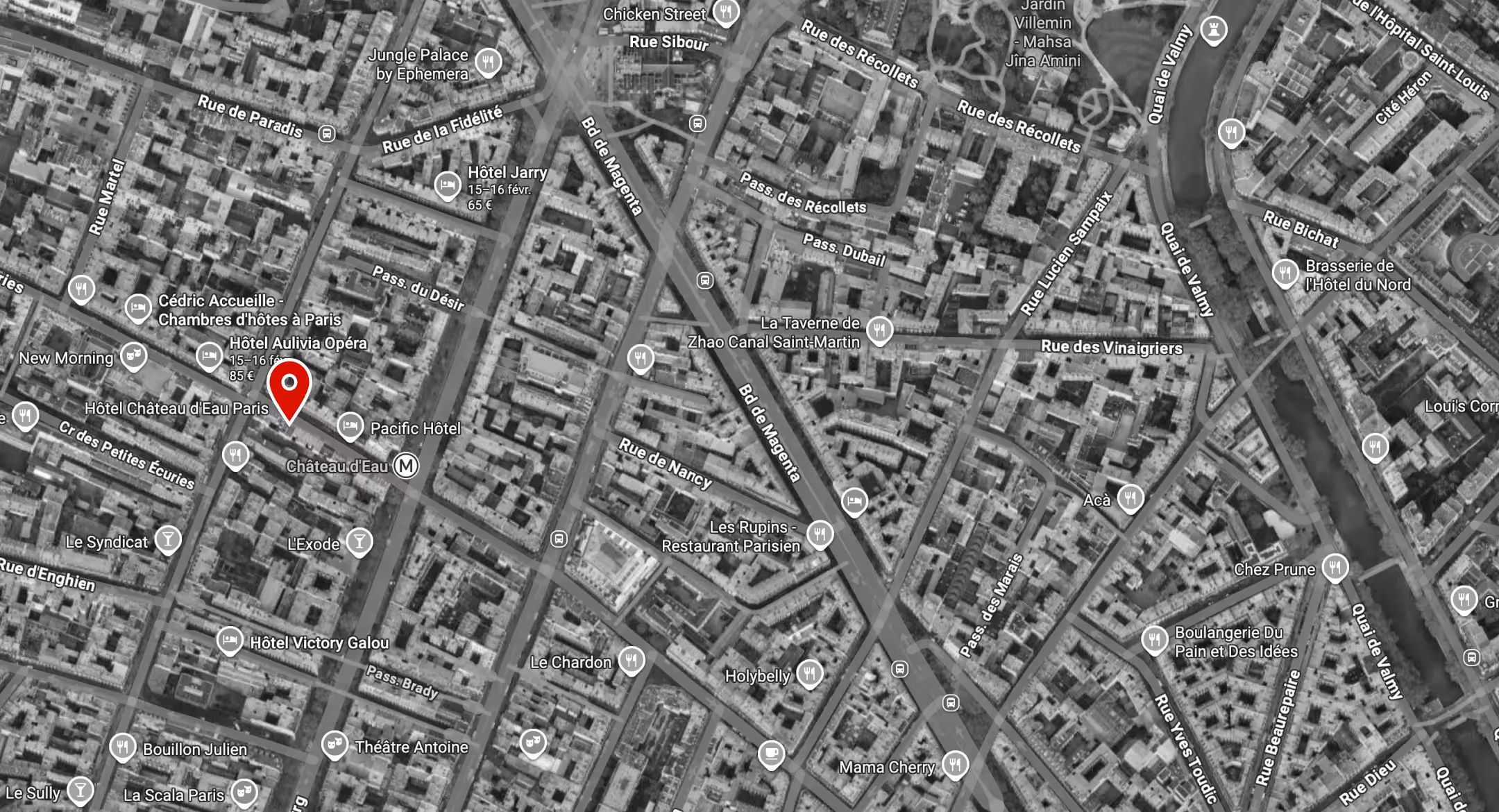 Map of Hôtel Château d’Eau, a 4-star boutique hotel located in the lively 10th arrondissement of Paris.