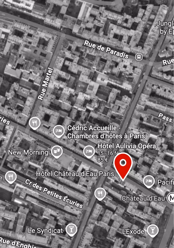 Map of the Faubourg Saint-Denis district in Paris, locating the Hôtel Château d’Eau, a 4-star hotel in the heart of the capital.