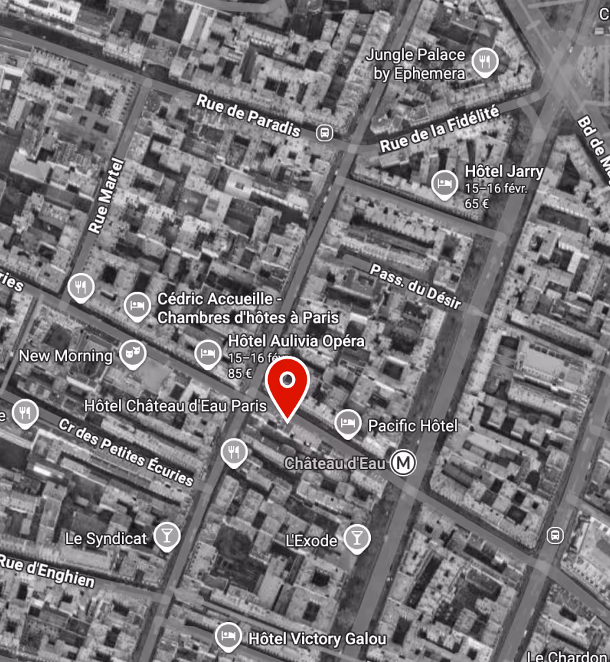 Location of the 4-star Hotel Château d'Eau in the 10th arrondissement of Paris, Faubourg Saint-Denis district.