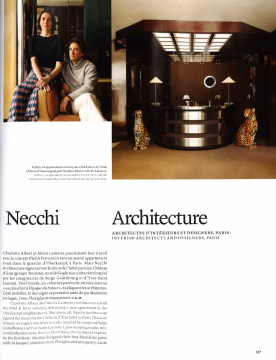 Article de presse détaillé sur l'architecture d'intérieur et le design de l'Hôtel Château d’Eau par Necchi Architecture.