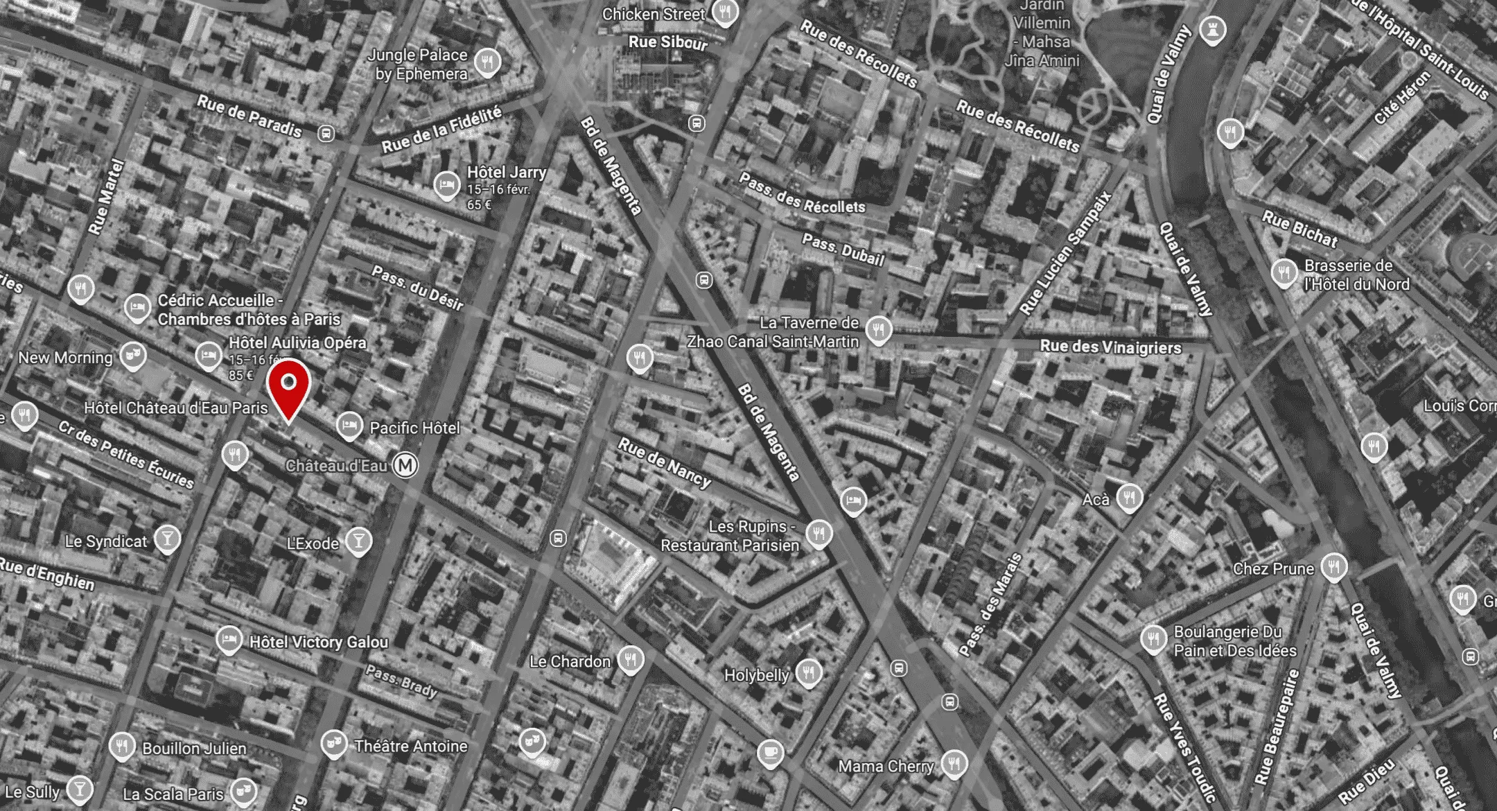Carte localisant l'Hôtel Château d’Eau, boutique-hôtel 4 étoiles situé dans le quartier vivant du 10e arrondissement de Paris.