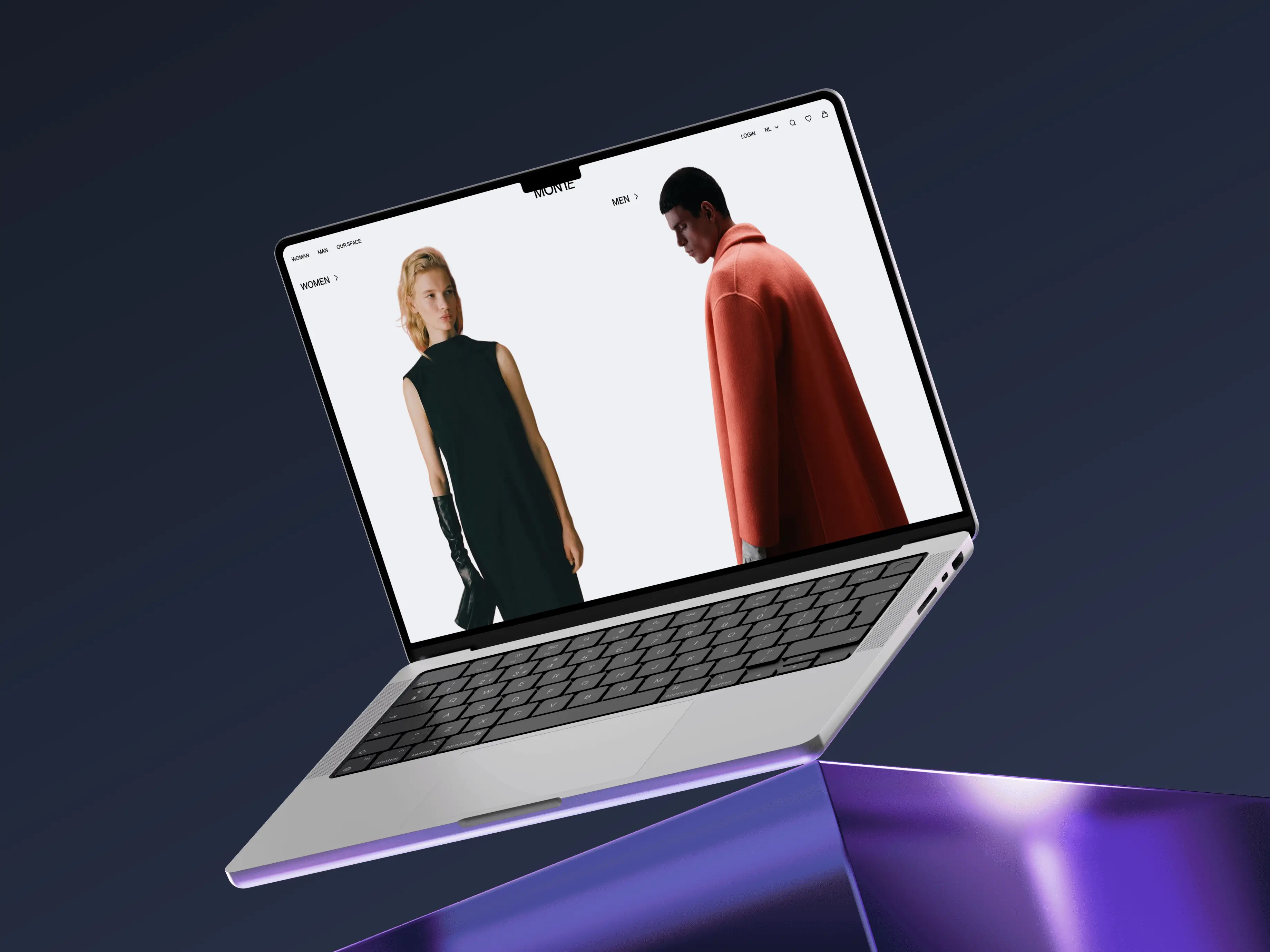 Open laptop displaying a fashion website with a woman in a black dress and a man in an orange coat on the screen, sitting on a red motorcycle seat against a twilight sky.