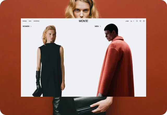 Fashion website homepage featuring a woman in a black sleeveless dress with long black gloves on the left and a man in a large red coat on the right.