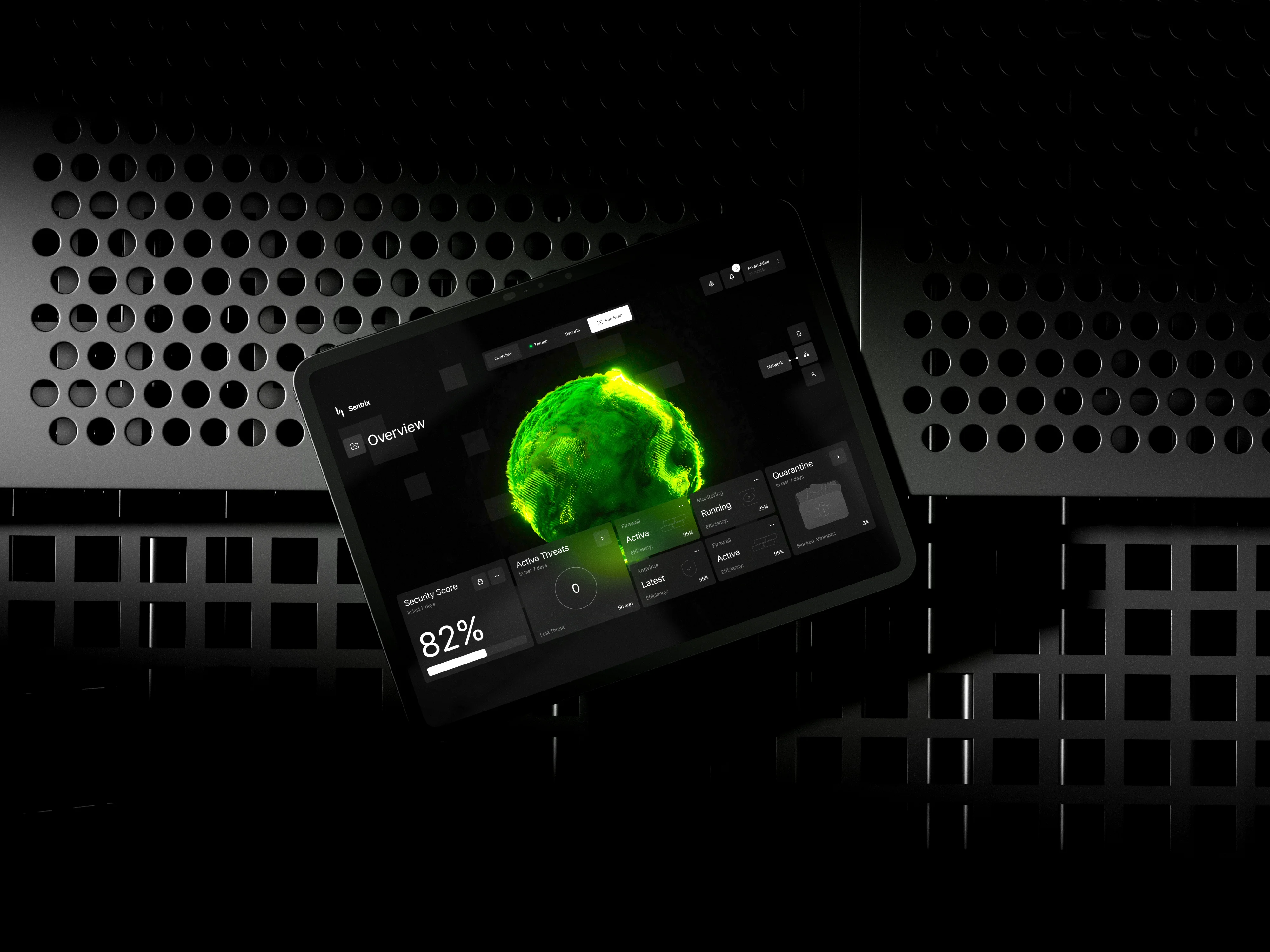 Black iPhone displaying a dark-themed security app with an 82% security score and a glowing green brain graphic, resting on a green circular table.