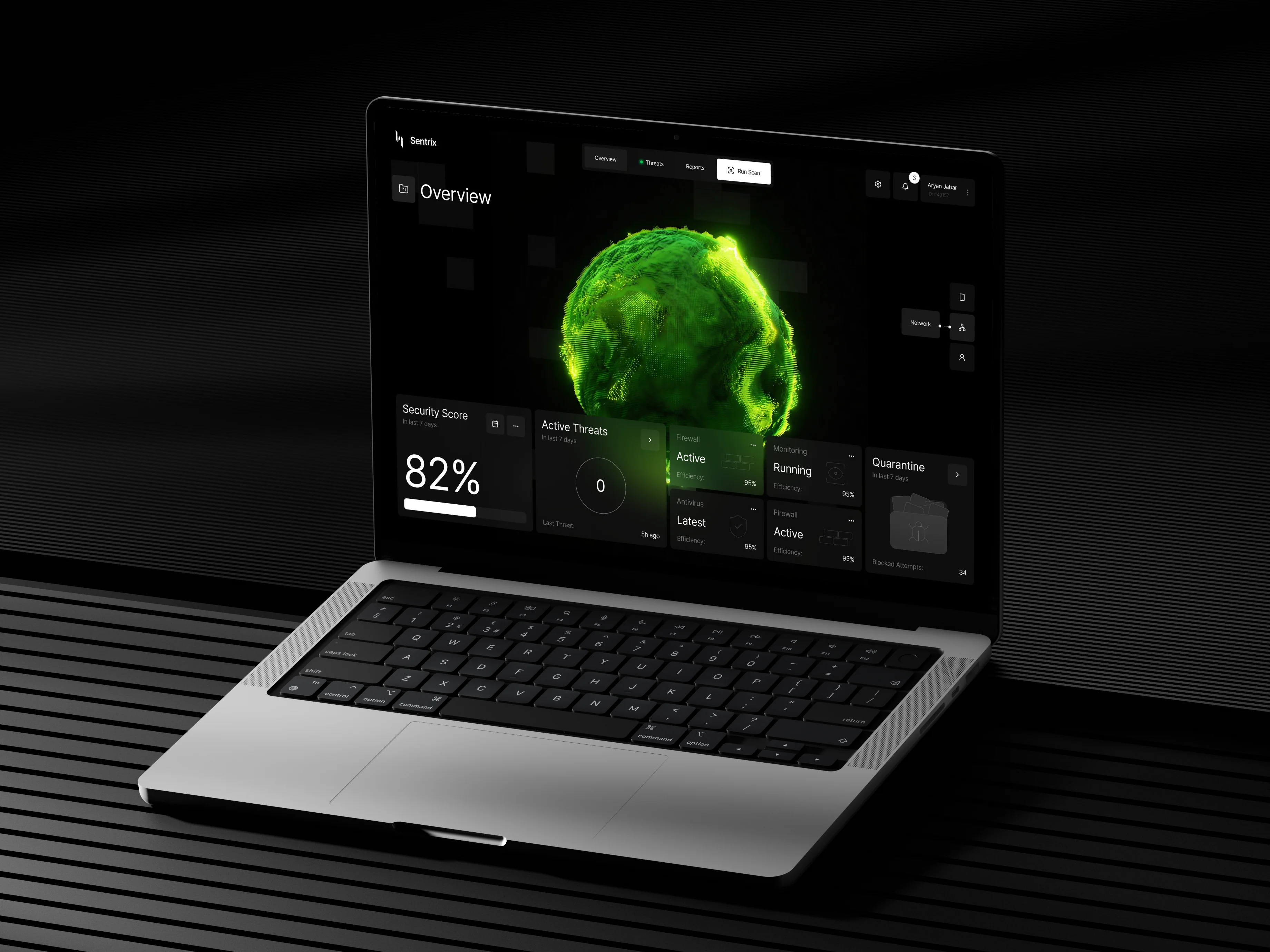 Black iPhone displaying a dark-themed security app with an 82% security score and a glowing green brain graphic, resting on a green circular table.