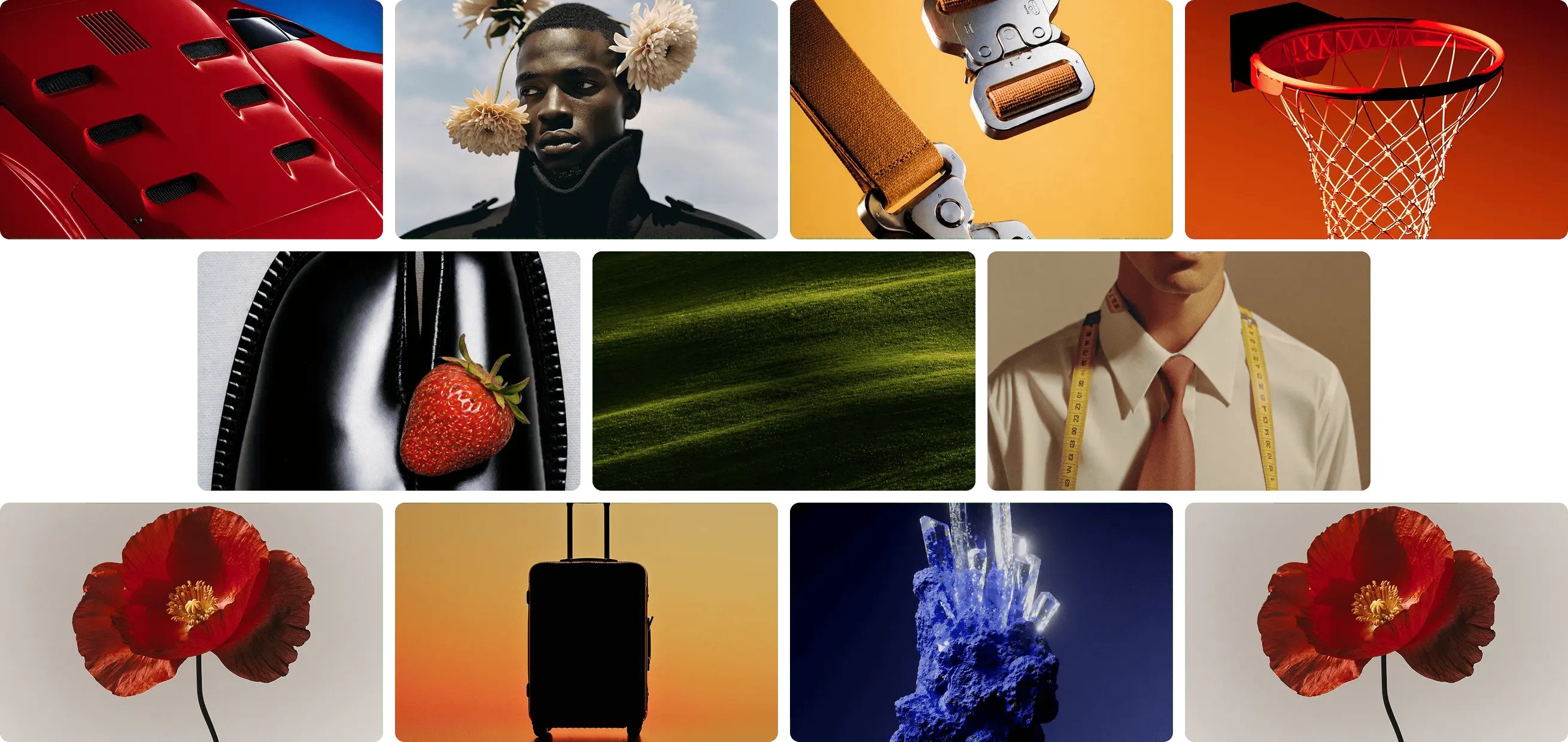 Collage of diverse images including a red sports car hood, black man with flowers near his ears, orange straps with metal buckles, basketball hoop and net, black polished shoes with a strawberry, green grass, man in white shirt with red tie and yellow measuring tape, red poppy flowers, black suitcase silhouette at sunset, and blue crystal formation on a dark background.