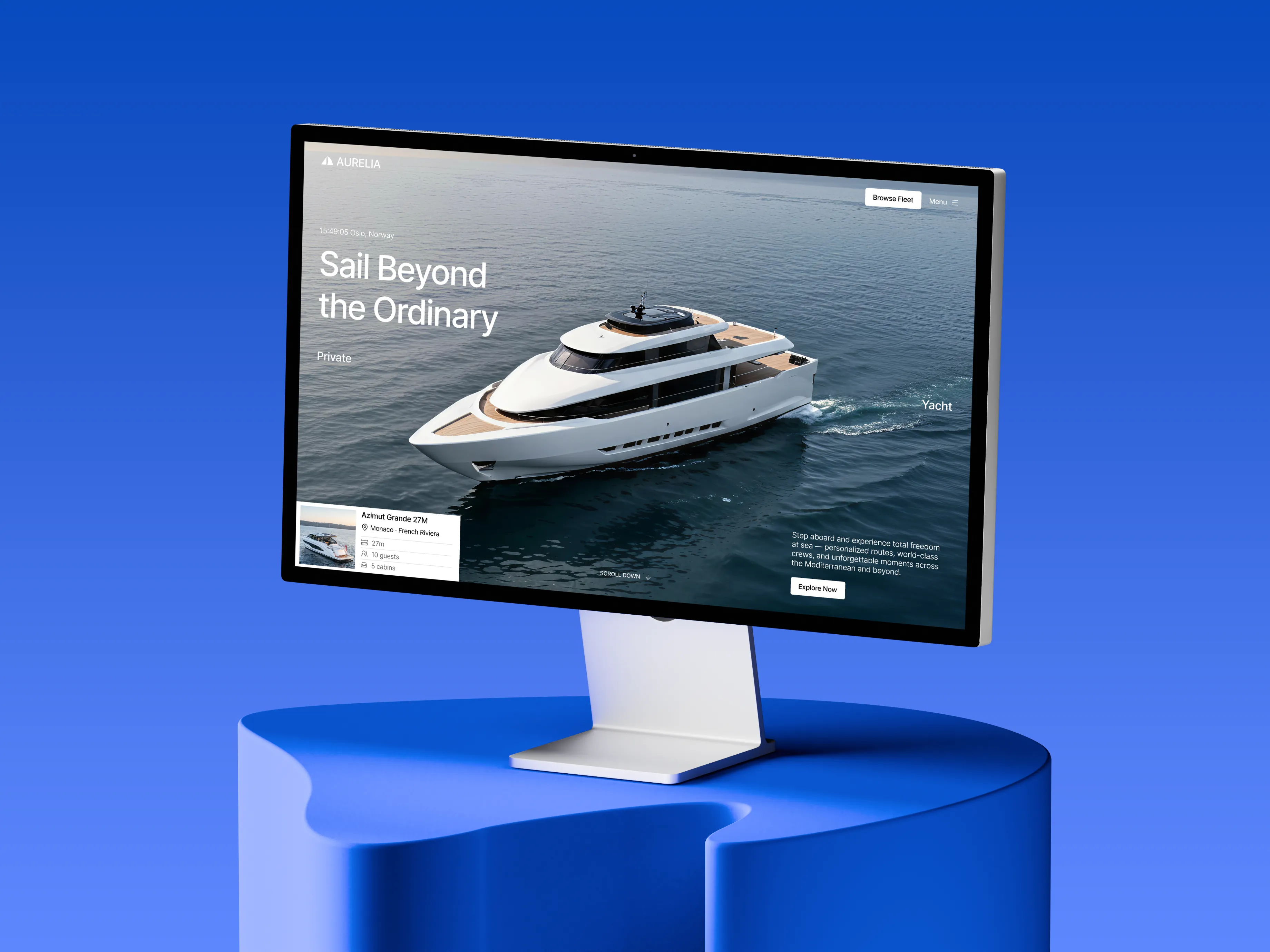Open laptop on blue surface displaying a yacht on water with text 'Sail Beyond the Ordinary' and options to explore fleet.