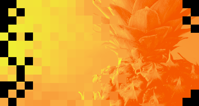 Close-up of a PIXLZ pineapple with a pixelated yellow and orange gradient background.