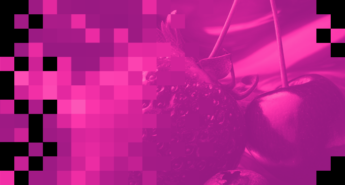 Close-up of various berries including strawberry, cherry, and blueberry with pixelated gradient overlay.