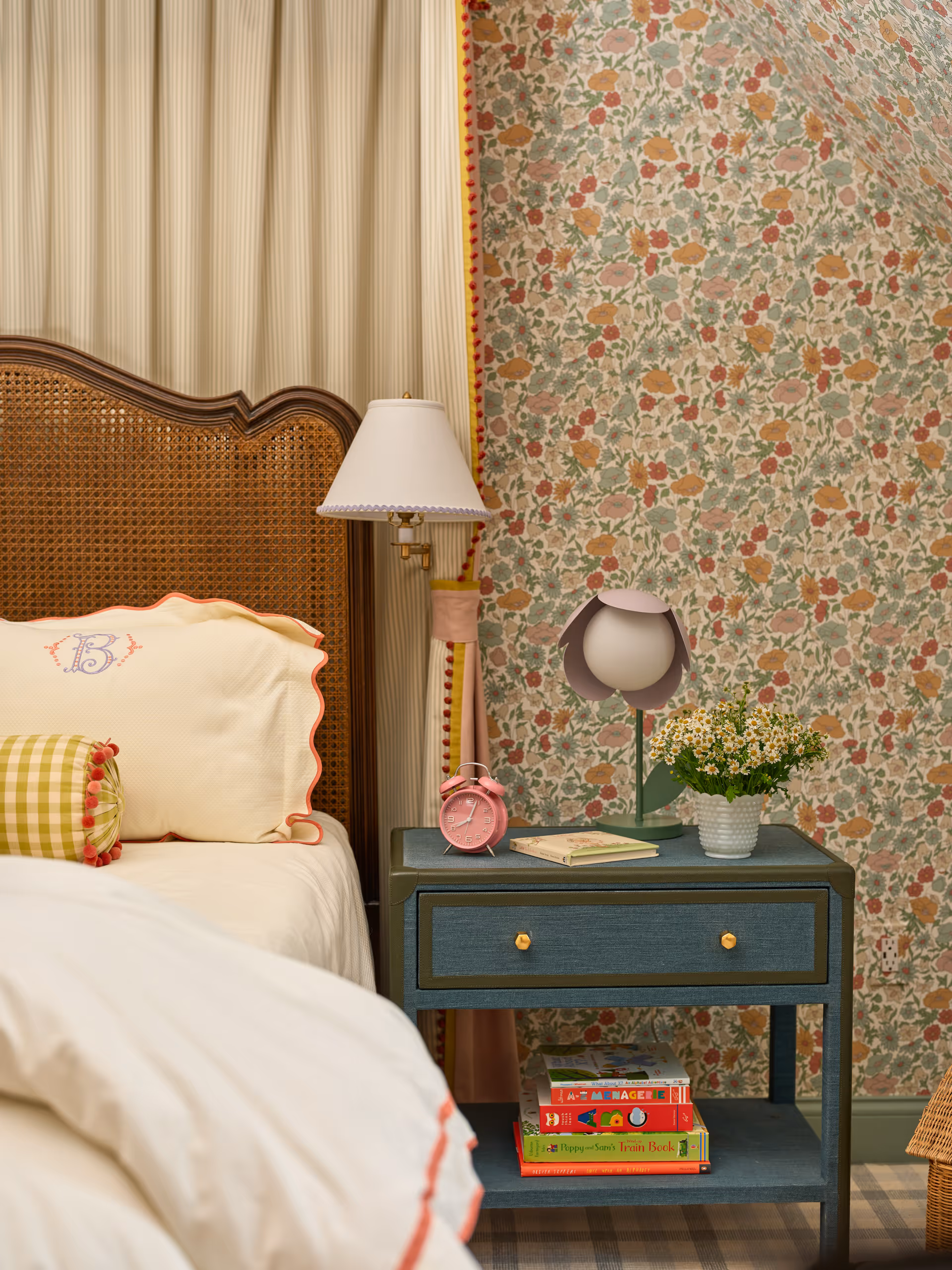Cozy bed with green side table