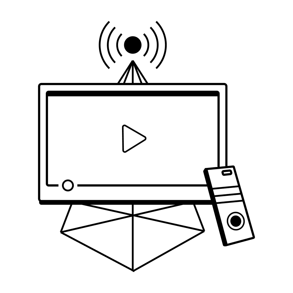 Illustration of a video player screen with a play button and a remote control beside it.