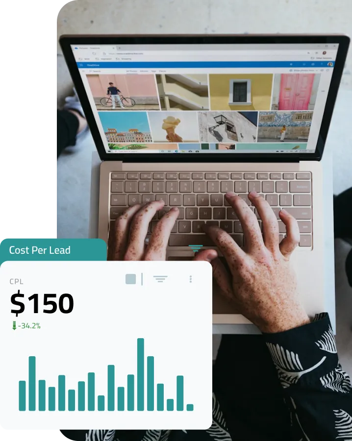 Person typing on laptop showing photos; overlay graph shows cost per lead of $150 with 34% decrease.