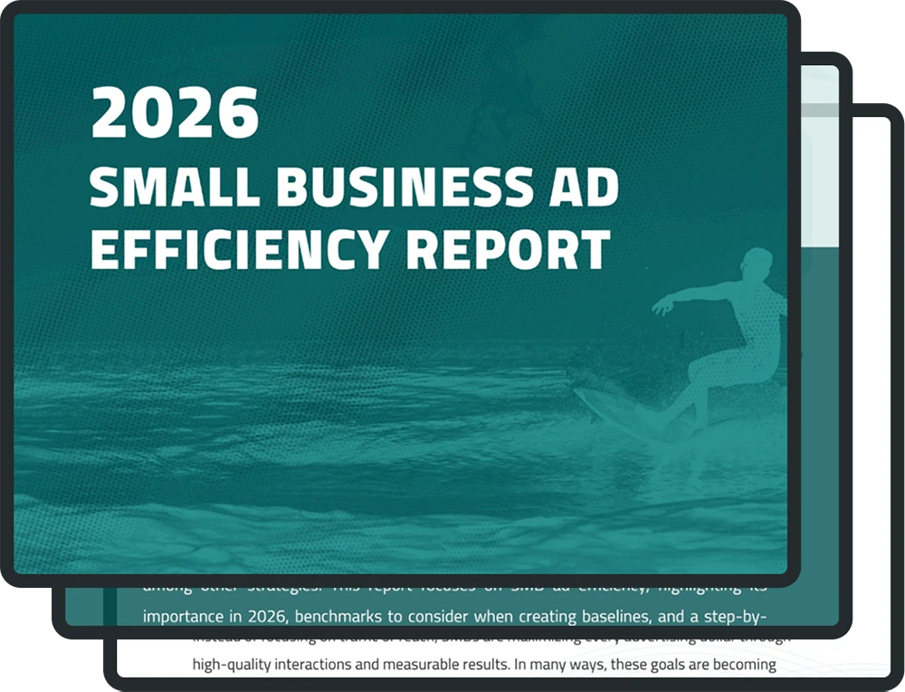Cover of the 2026 Small Business Ad Efficiency Report with a surfer silhouette on water.