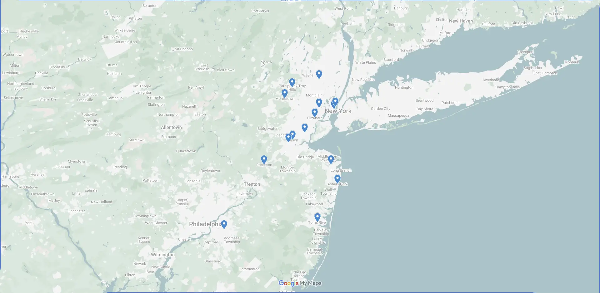Map showing locations in New Jersey and nearby areas with blue markers in cities like Princeton and Asbury Park.