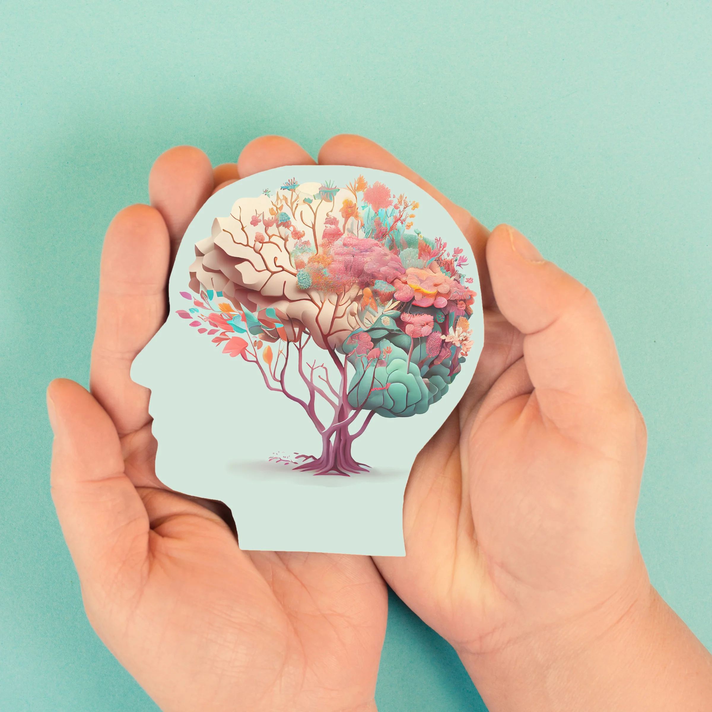 A pair of hands hover of a light blue background holding a paper cutout of the human head with beautiful artist drawing of a brain growing healthy and vibrantly.