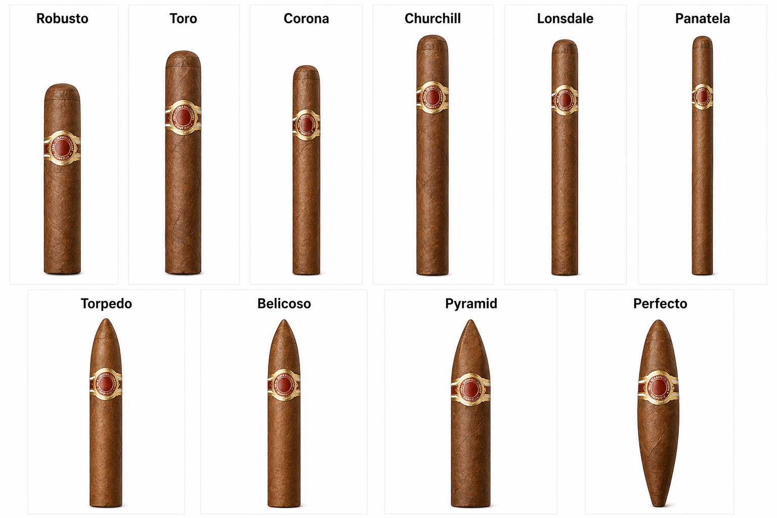 Cigar shapes and sizes reference guide — Robusto, Toro, Corona, Churchill, Lonsdale, Panatela, Torpedo, Belicoso, Pyramid, Perfecto