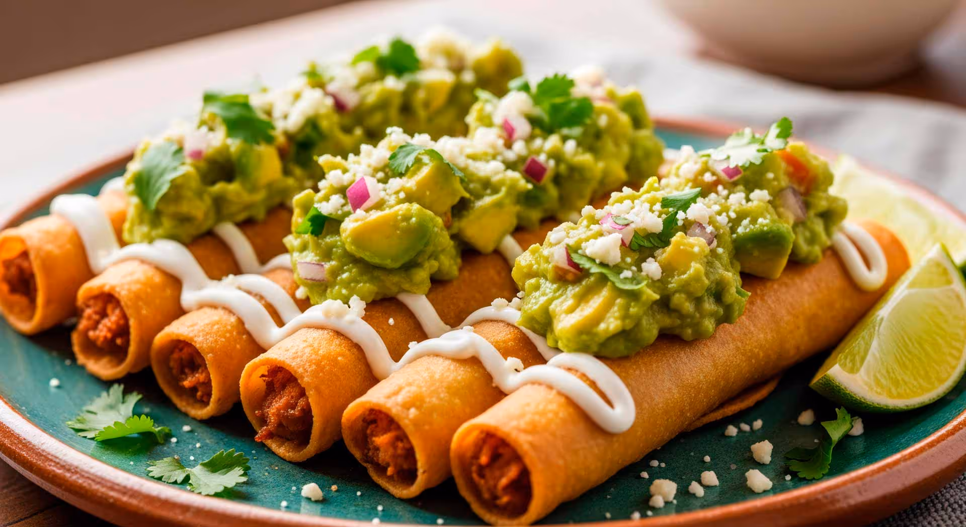 A plate of food with guacamole and sour cream on top.