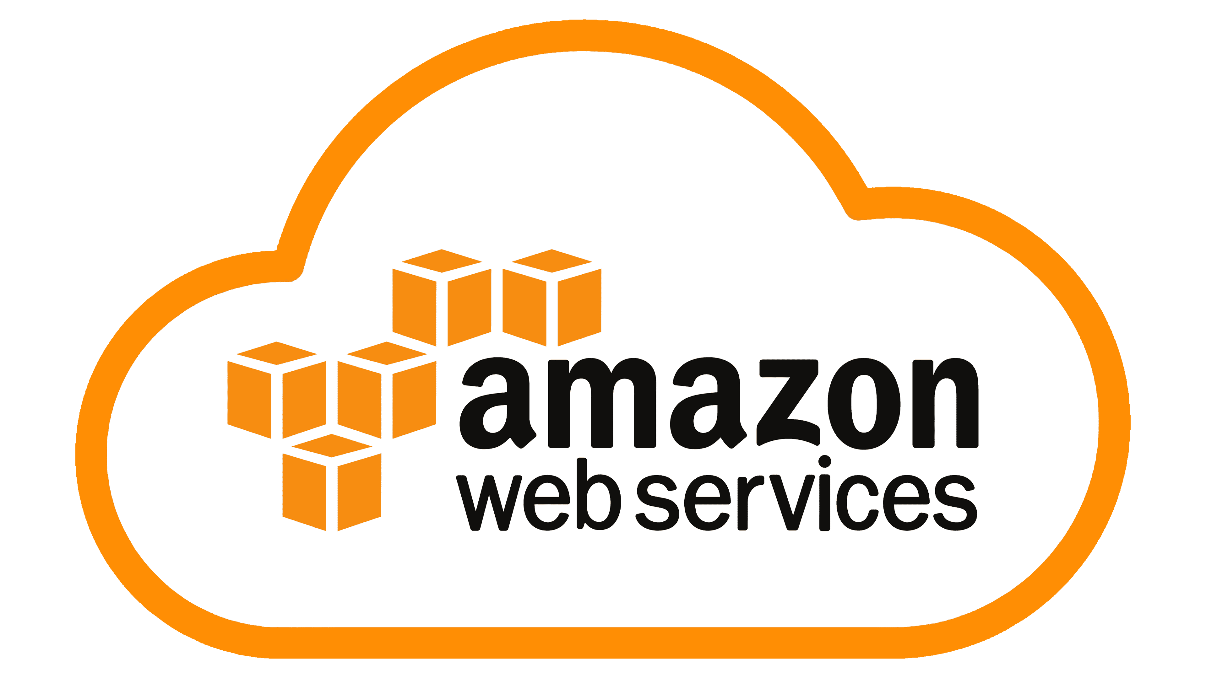 Amazon Web Services logo inside a white cloud with orange outline and orange cube blocks.