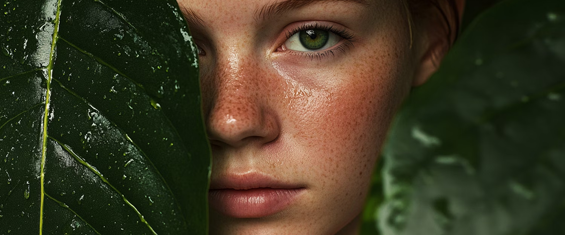 Portrait d'une personne aux yeux verts intenses et taches de rousseur, partiellement cachée derrière une grande feuille de plante avec des gouttelettes d'eau, symbolisant la vision ciblée et l'attention aux détails.